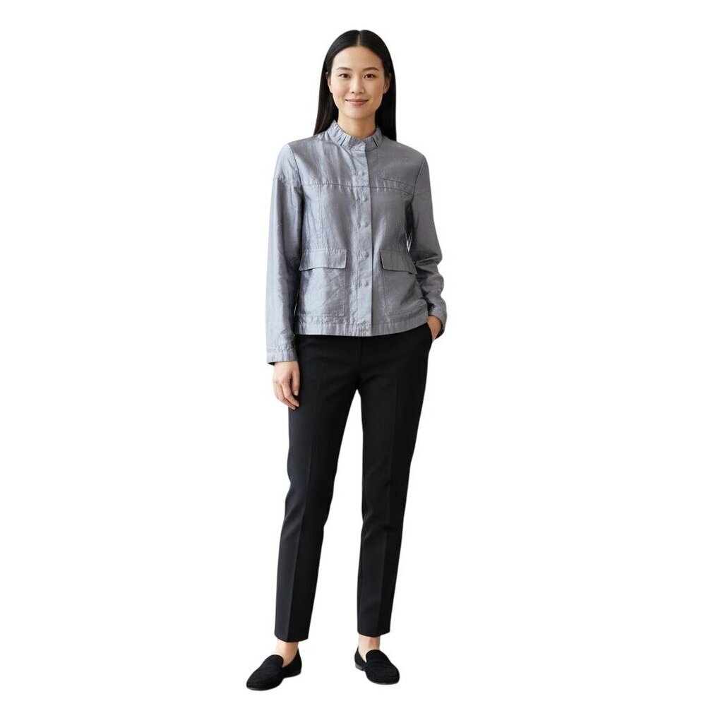 S Max Mara Vintage Unique 100% Silk Snap Front High Collar Blouse Size 8
